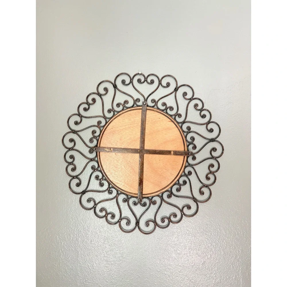 Round Wrought Iron Scrollwork Wall Mirror Bronze Heart Motif 23.5